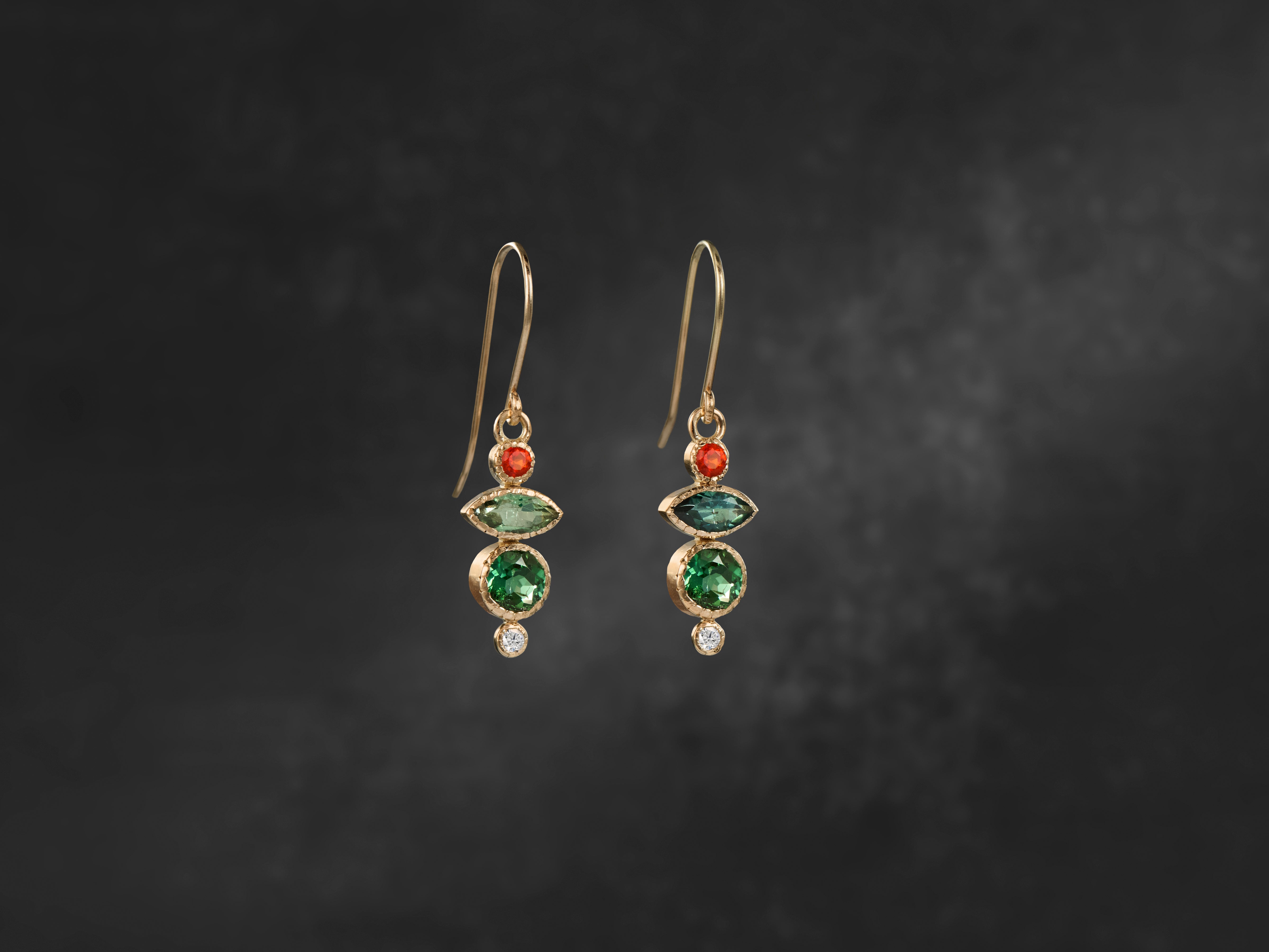 BO Sybille Cut green and blue tourmalines / fire opal / honey-colored diamond