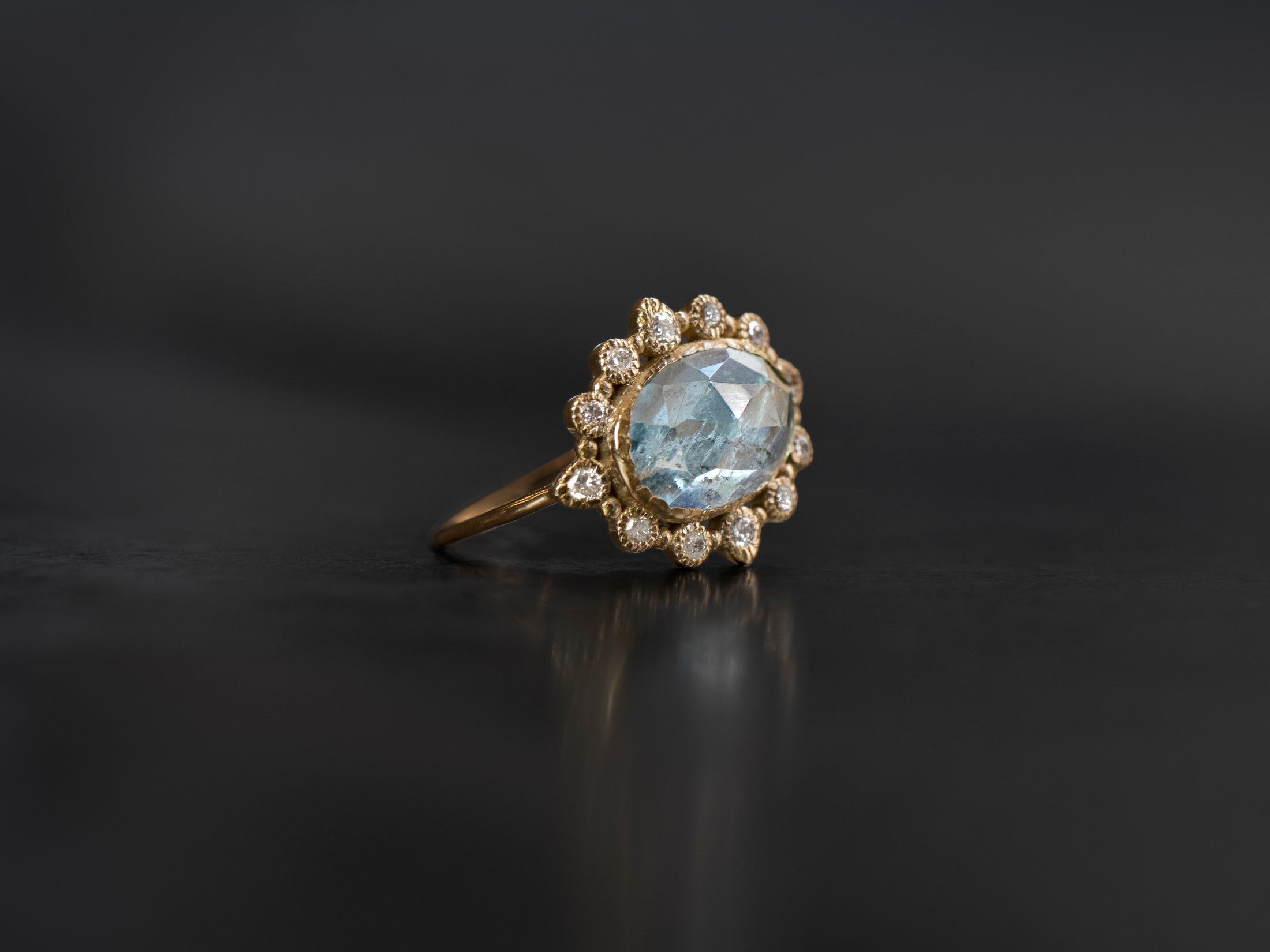 Bague Sagan Aigue-marine rosecut ovale 1,63ct diamants champagne