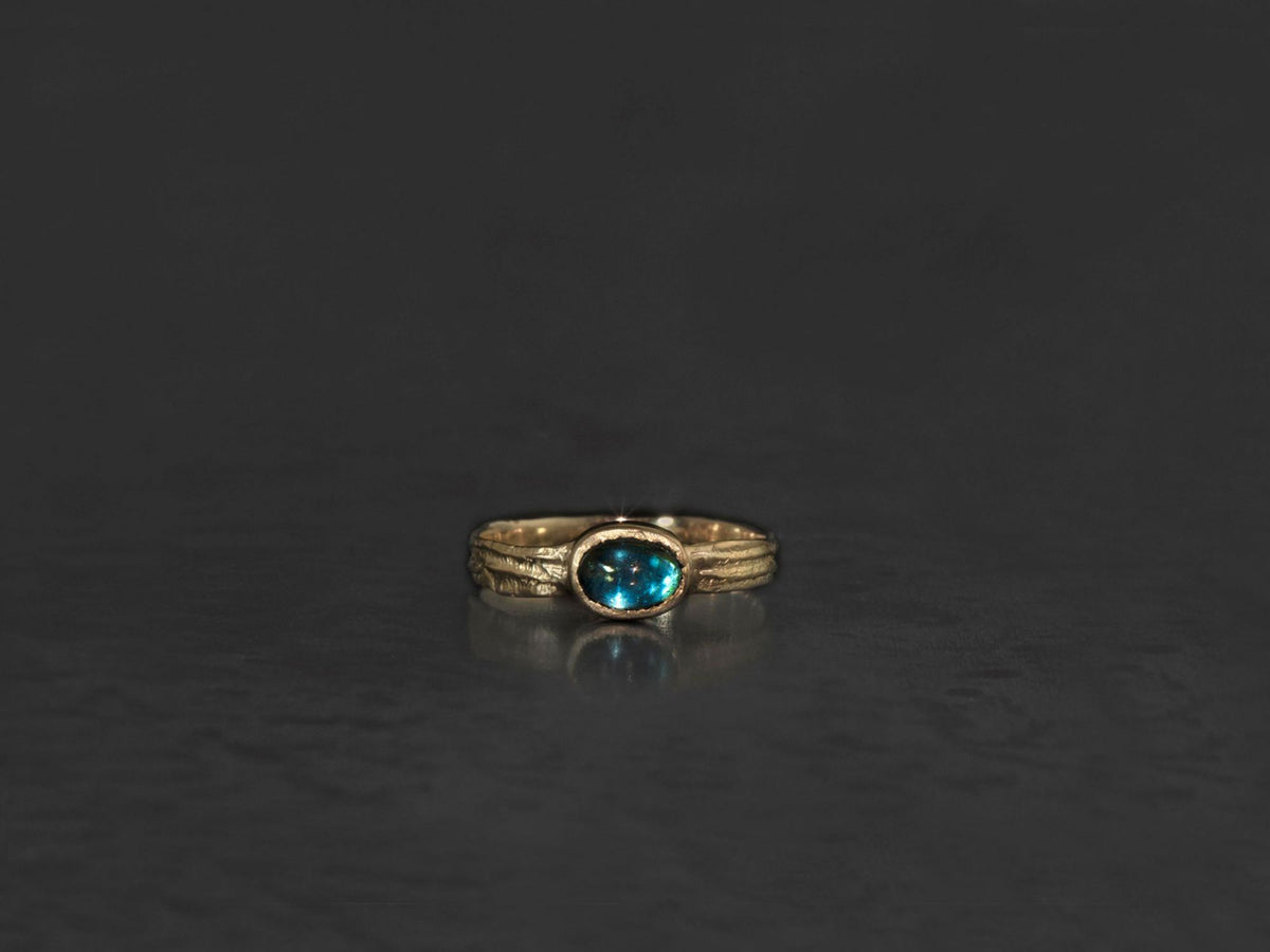Bague Plaque Or Jaune Avec Cabochon Bleu Zircon - Taille 55/56, Neuf Sans Emballage - Bijou Fantaisie élégant