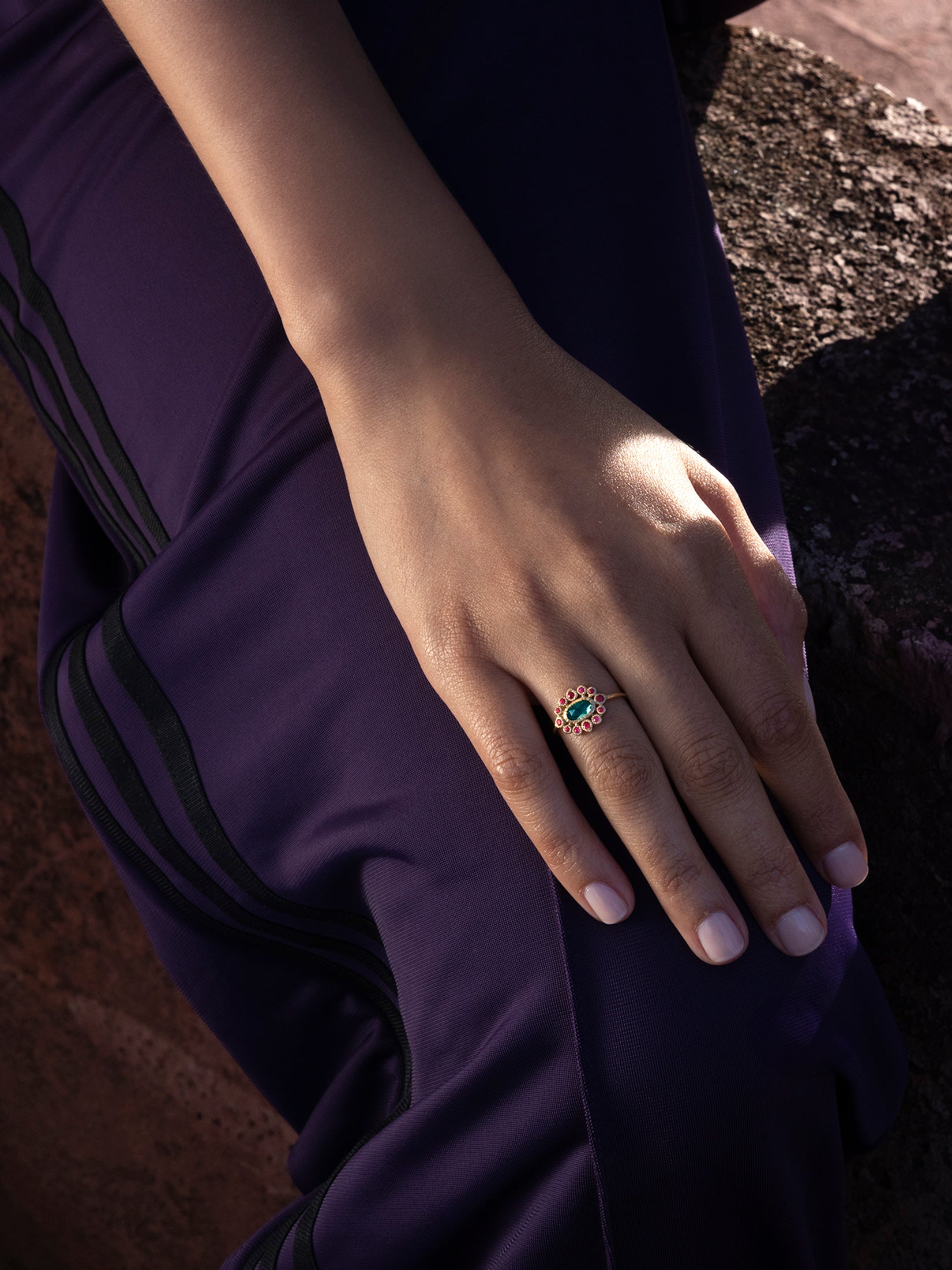 bague sagan tourmaline vert d'eau 0,46cts et rubis or jaune