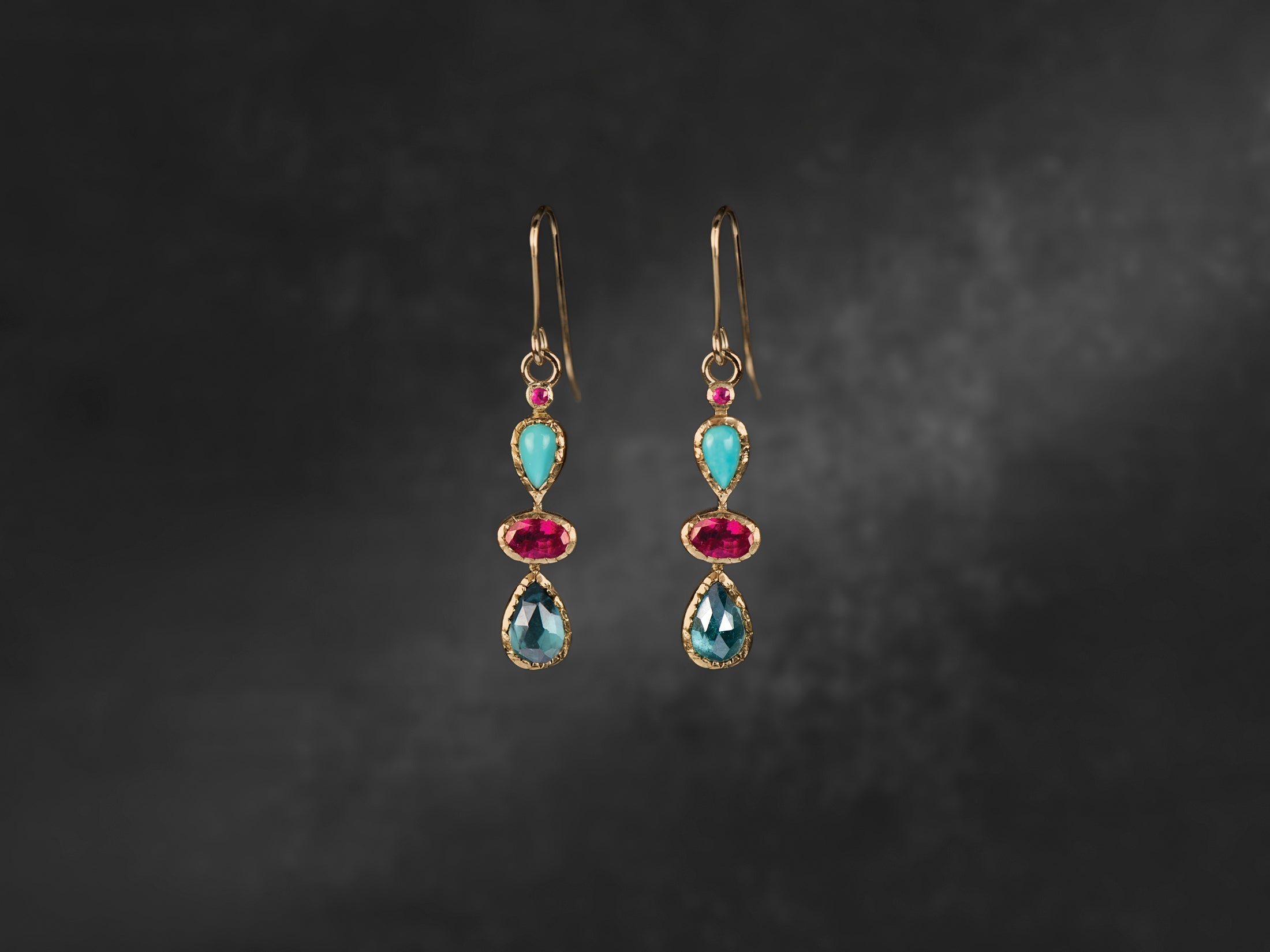 BO Sybille turquoise rubis et tourmaline or jaune