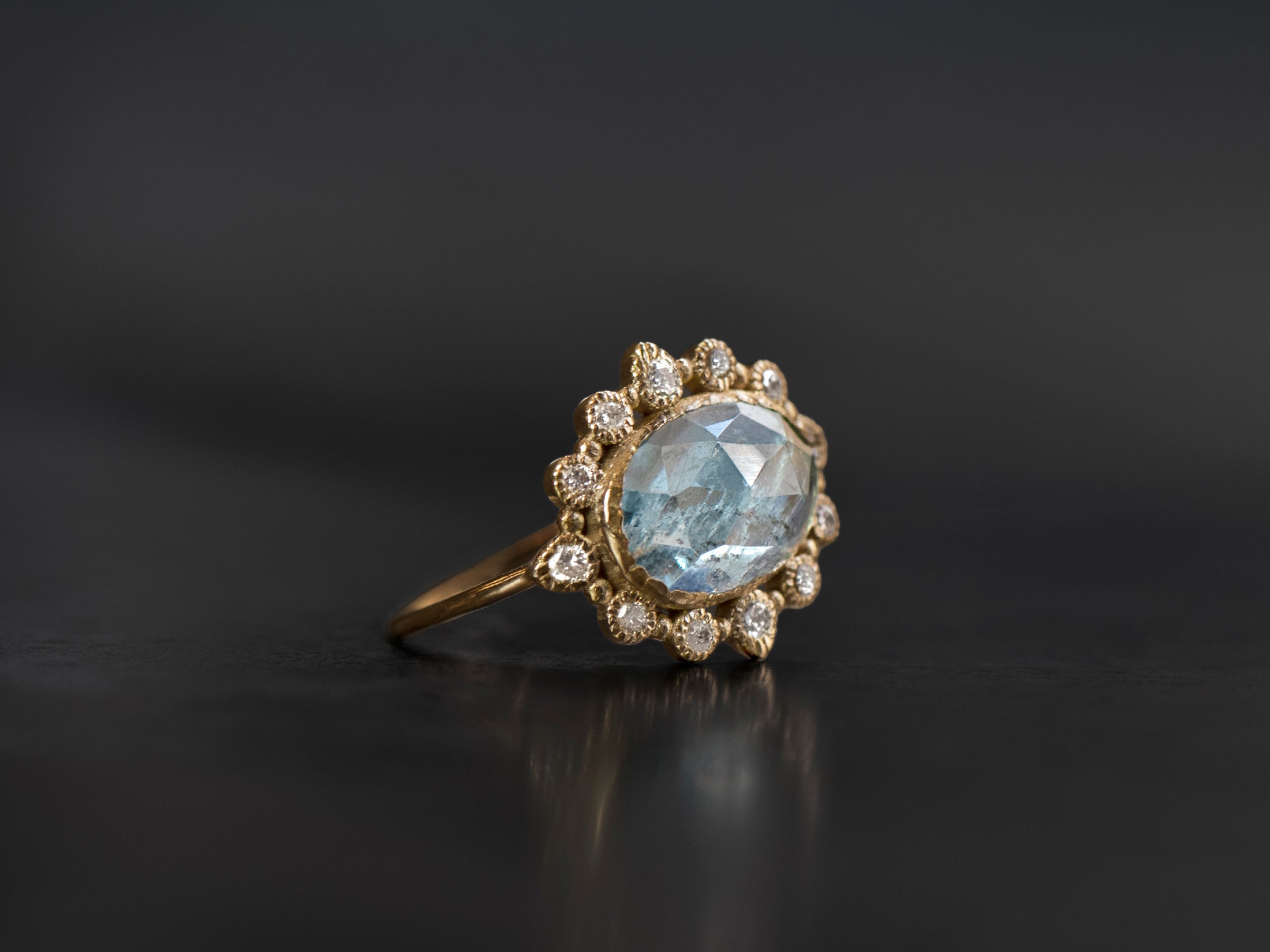 Bague Sagan Aigue-marine rosecut ovale 1,63ct diamants champagne