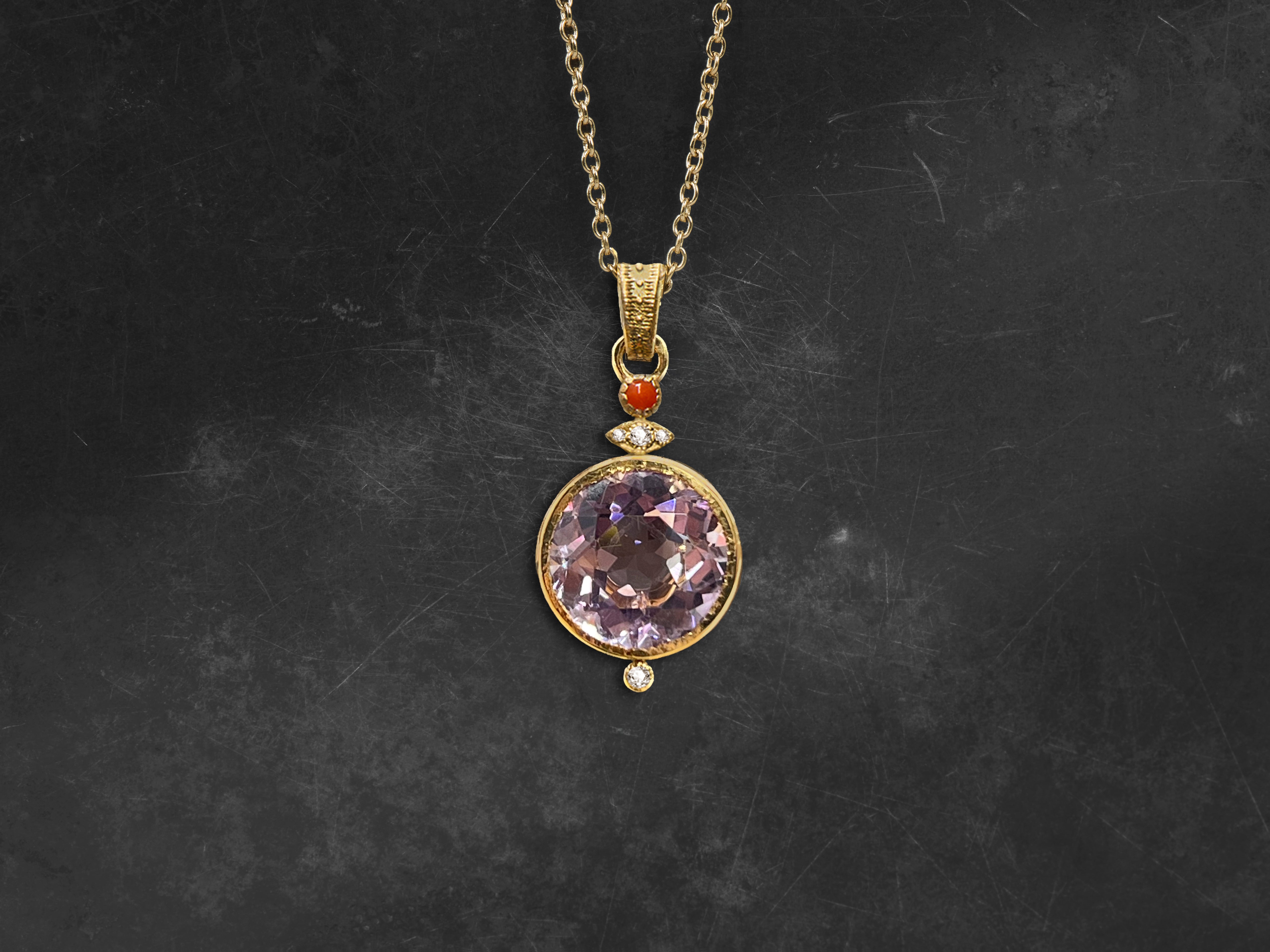 Yellow gold, amethyst, coral, and honey diamond necklace