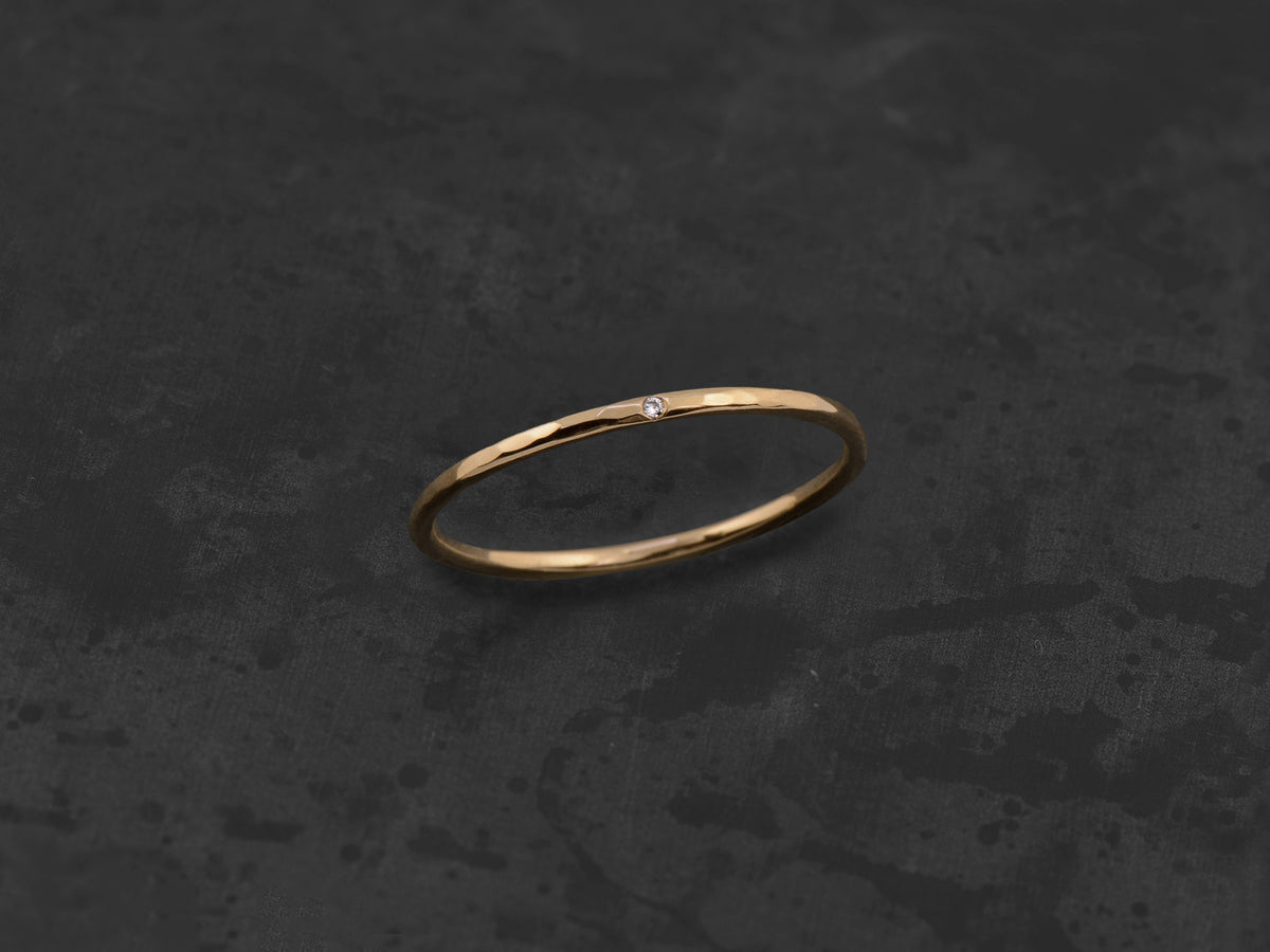 Mon Chéri thin round white diamond hammered gold wedding ring