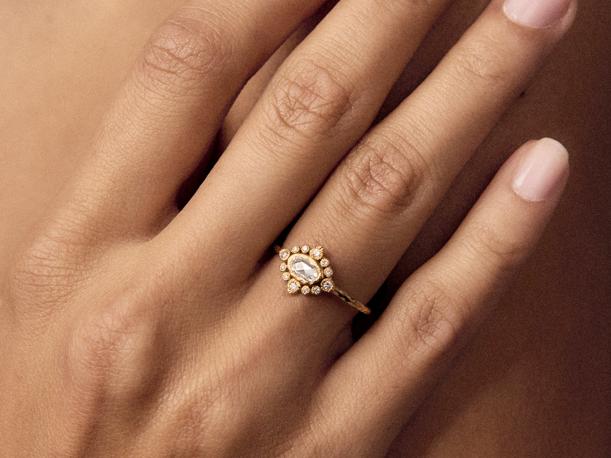Sagan Perse Ring with 0.28 cts White Rose-Cut Diamond, Yellow Gold
