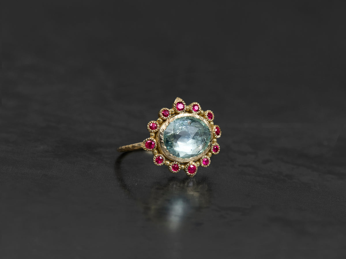 Bague Sagan tourmaline rosecut bleue 1,99cts et rubis or jaune