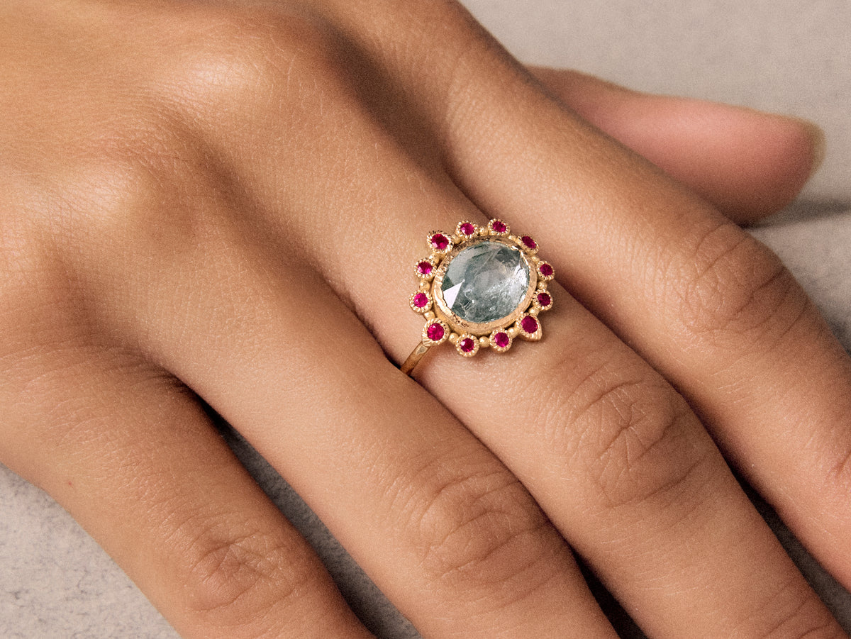 Bague Sagan tourmaline rosecut bleue 1,99cts et rubis or jaune