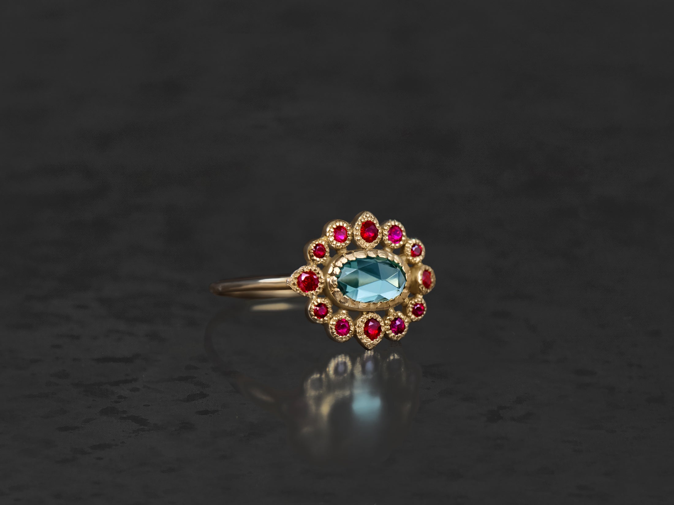 bague sagan tourmaline vert d'eau 0,46cts et rubis or jaune